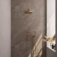 Brauer Stripe inbouw regendoucheset met 2 stopkranen - rechte wandarm - staafhanddouche - wandhouder - Geborsteld Goud PVD