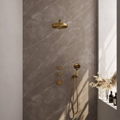Brauer Stripe inbouw regendoucheset met 2 stopkranen - rechte wandarm - 3-standen handdouche - wandhouder - Geborsteld Goud PVD