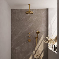 Brauer Stripe inbouw regendoucheset met 2 stopkranen  - 20cm plafondbuis - 3-standen handdouche - wandhouder - Geborsteld Goud PVD