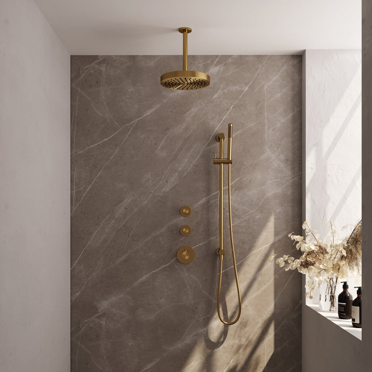Brauer Stripe inbouw regendoucheset met 2 stopkranen  - 20cm plafondbuis - staafhanddouche - glijstang - Geborsteld Goud PVD