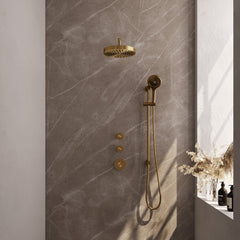 Brauer Stripe inbouw regendoucheset met 2 stopkranen - gebogen wandarm - 3-standen handdouche - glijstang - Geborsteld Goud PVD