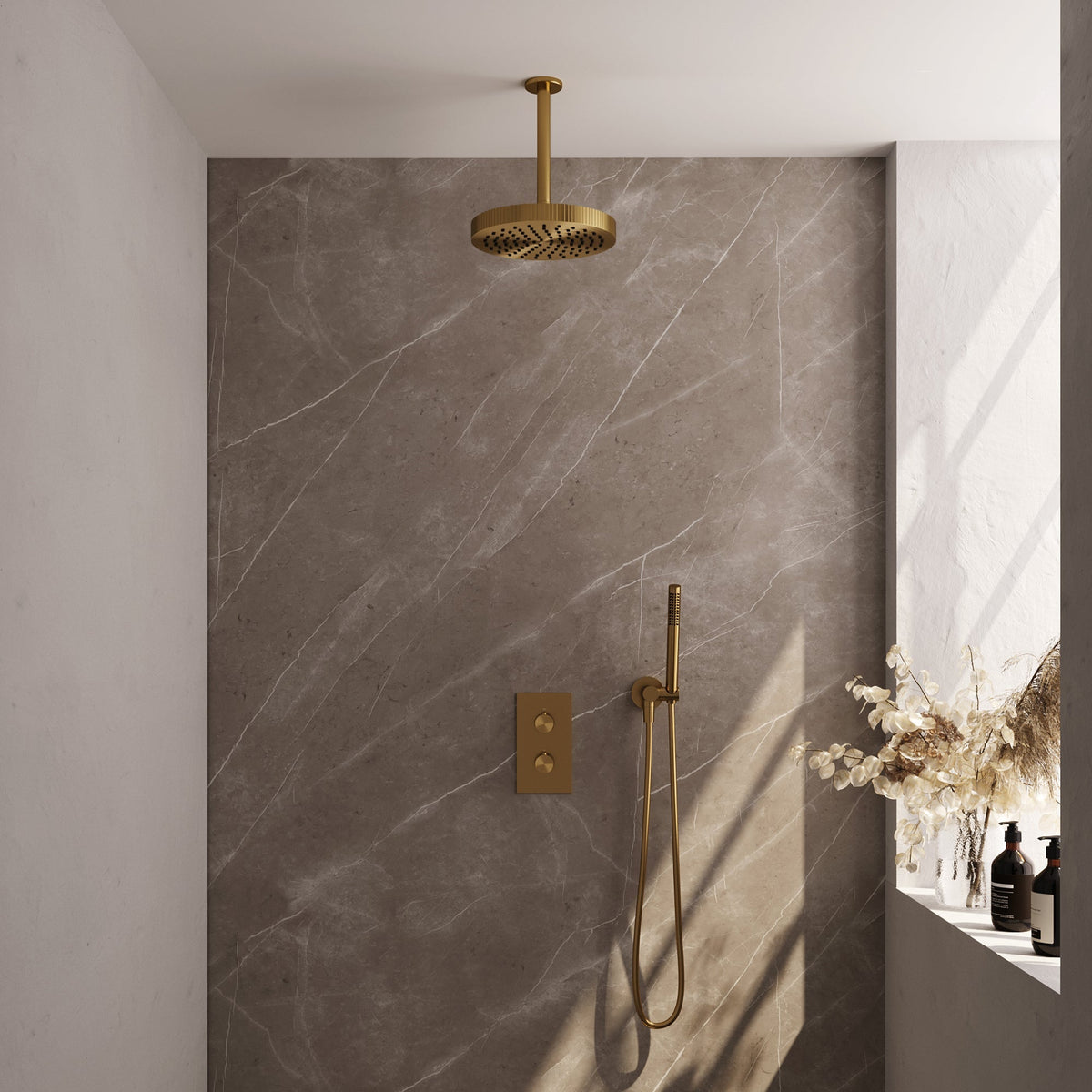 Brauer Stripe thermostatische inbouw regendouche rechthoekig  - 20cm plafondbuis - staafhanddouche - wandhouder - Geborsteld Goud PVD