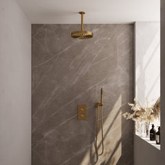 Brauer Stripe thermostatische inbouw regendouche rechthoekig  - 20cm plafondbuis - staafhanddouche - wandhouder - Geborsteld Goud PVD