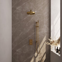 Brauer Stripe thermostatische inbouw regendouche rechthoekig - rechte wandarm - staafhanddouche - glijstang - Geborsteld Goud PVD