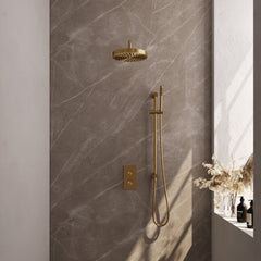 Brauer Stripe thermostatische inbouw regendouche rechthoekig - gebogen wandarm - staafhanddouche - glijstang - Geborsteld Goud PVD