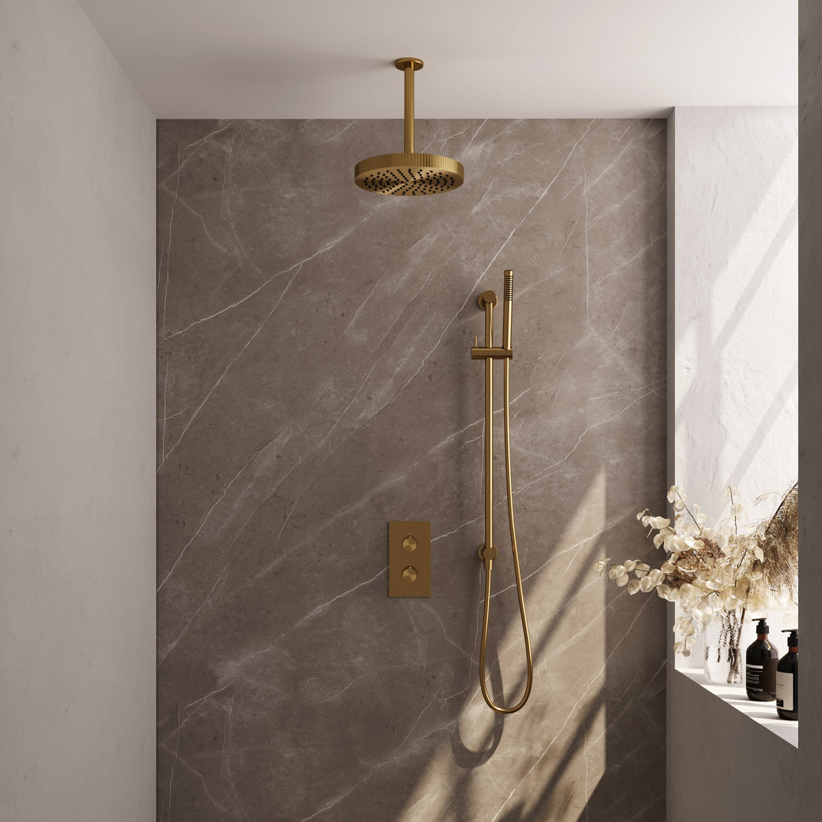 Brauer Stripe thermostatische inbouw regendouche rechthoekig  - 20cm plafondbuis - staafhanddouche - glijstang - Geborsteld Goud PVD