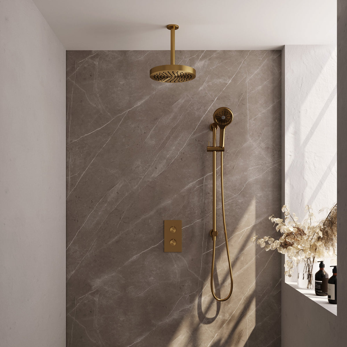 Brauer Stripe thermostatische inbouw regendouche rechthoekig  - 20cm plafondbuis - 3-standen handdouche - glijstang - Geborsteld Goud PVD