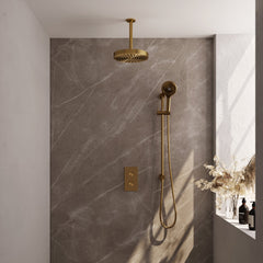 Brauer Stripe thermostatische inbouw regendouche rechthoekig  - 20cm plafondbuis - 3-standen handdouche - glijstang - Geborsteld Goud PVD