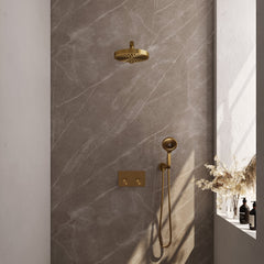 Brauer Stripe inbouw regendoucheset met drukknoppen - rechte wandarm - 3-standen handdouche - wandhouder - Geborsteld Goud PVD