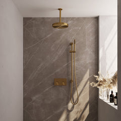 Brauer Stripe inbouw regendoucheset met drukknoppen  - 20cm plafondbuis - staafhanddouche - glijstang - Geborsteld Goud PVD