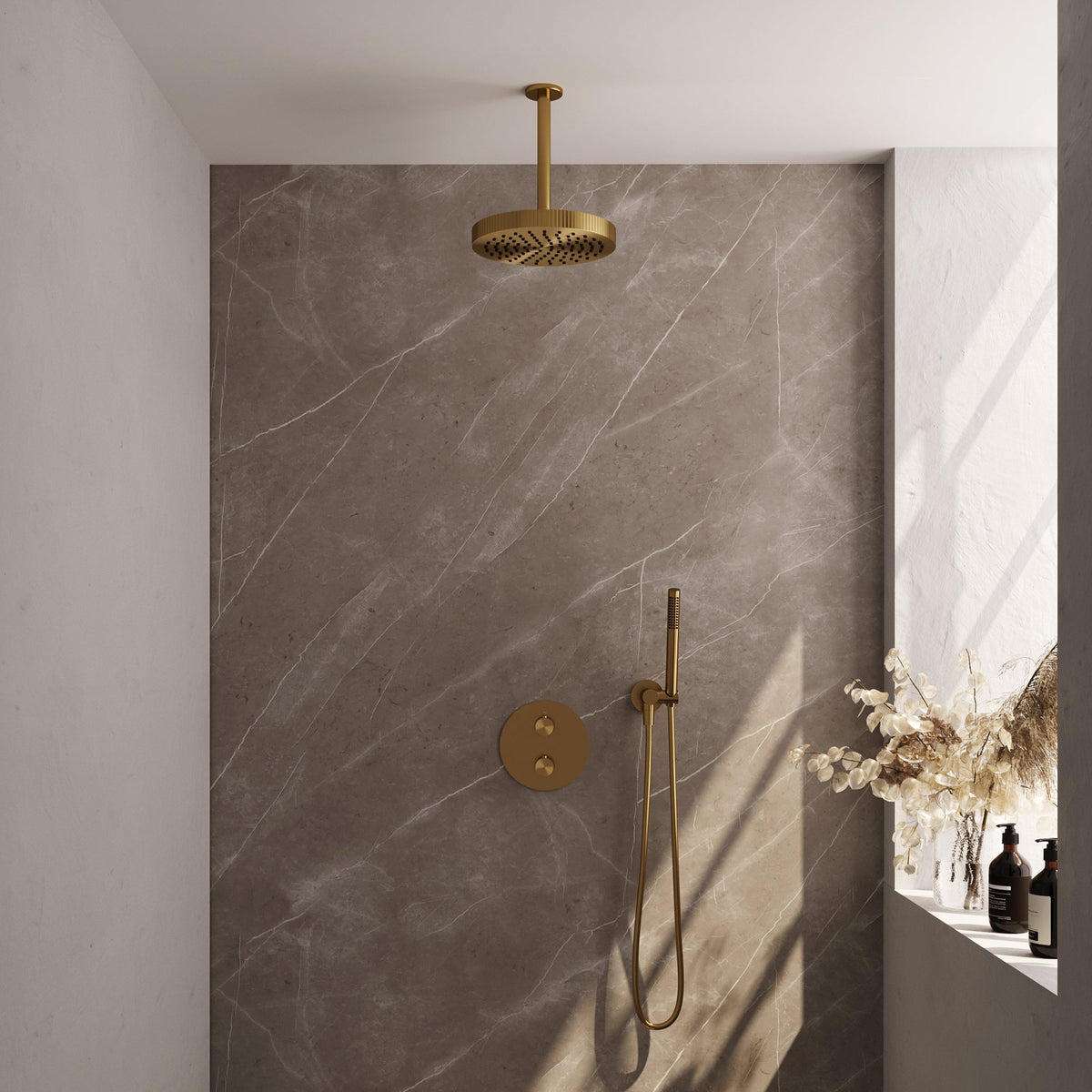 Brauer Stripe inbouw regendoucheset rond  - 20cm plafondbuis - staafhanddouche - wandhouder - Geborsteld Goud PVD