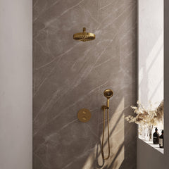 Brauer Stripe inbouw regendoucheset rond - rechte wandarm - 3-standen handdouche - wandhouder - Geborsteld Goud PVD