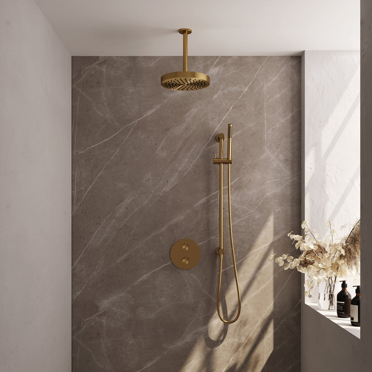 Brauer Stripe inbouw regendoucheset rond  - 20cm plafondbuis - staafhanddouche - glijstang - Geborsteld Goud PVD