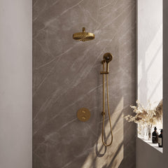 Brauer Stripe inbouw regendoucheset rond - rechte wandarm - 3-standen handdouche - glijstang - Geborsteld Goud PVD