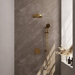 Brauer Stripe inbouw regendoucheset rond - gebogen wandarm - 3-standen handdouche - glijstang - Geborsteld Goud PVD