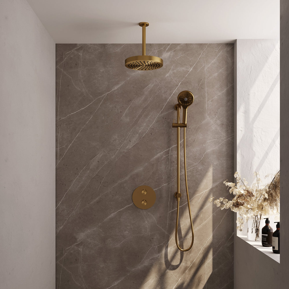Brauer Stripe inbouw regendoucheset rond  - 20cm plafondbuis - 3-standen handdouche - glijstang - Geborsteld Goud PVD