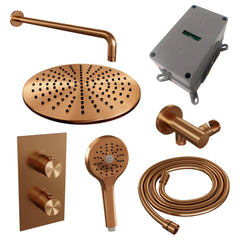 Brauer Edition inbouwset met 3-weg thermostaat - hoofddouche 30cm - gebogen wandarm 40cm - ronde 3-standen handdouche - wandaansluiting - Geborsteld Koper PVD