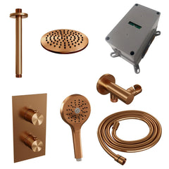 Brauer Edition inbouwset met 3-weg thermostaat - hoofddouche 20cm - plafondbuis 20cm - ronde 3-standen handdouche - wandaansluiting - Geborsteld Koper PVD