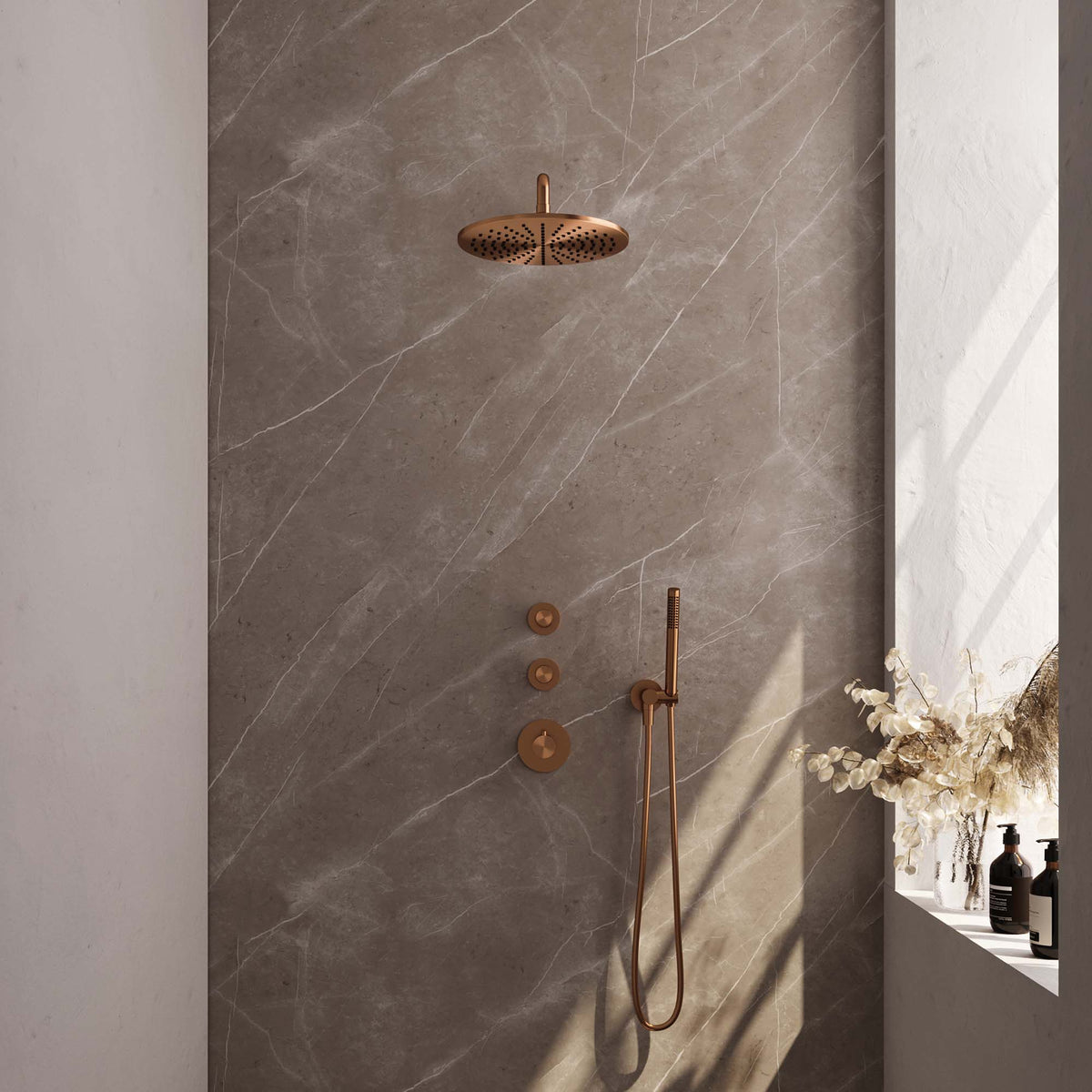 Brauer Edition thermostatische inbouw doucheset - hoofddouche 30cm - wandarm gebogen - staafhanddouche - Geborsteld Koper PVD