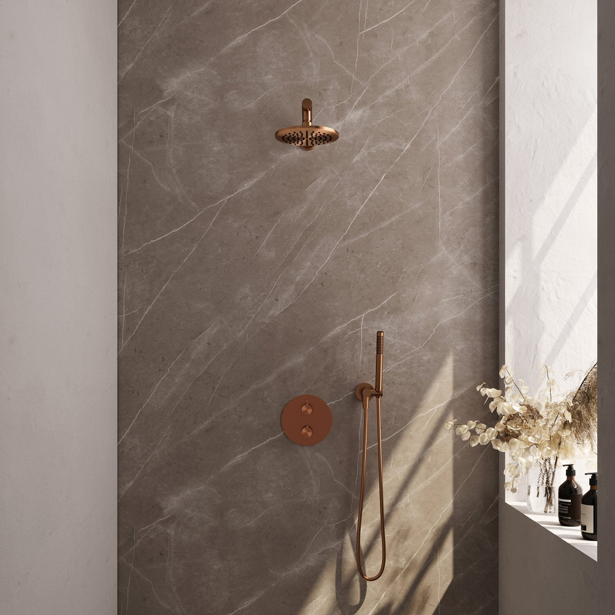 Brauer Edition inbouw regendoucheset 3-weg rond - 20cm hoofddouche - rechte wandarm - staafhanddouche - wandhouder - Geborsteld Koper PVD