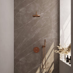 Brauer Edition inbouw regendoucheset 3-weg rond - 20cm hoofddouche - gebogen wandarm - staafhanddouche - wandhouder - Geborsteld Koper PVD