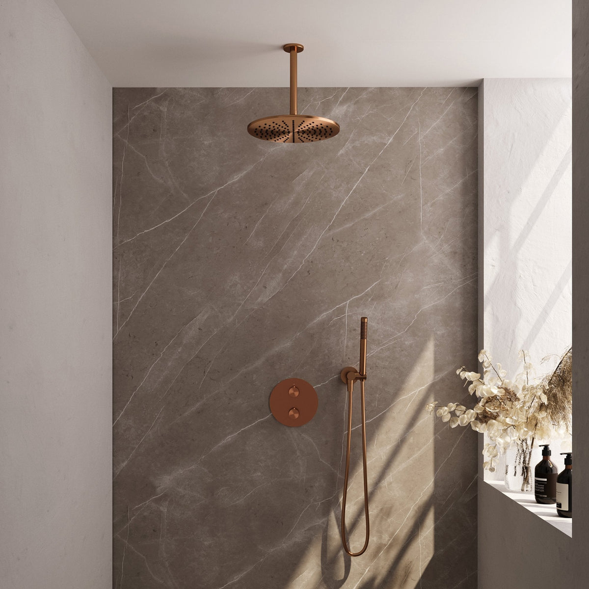 Brauer Edition inbouw regendoucheset 3-weg rond - 30cm hoofddouche - plafondarm - staafhanddouche - wandhouder - Geborsteld Koper PVD