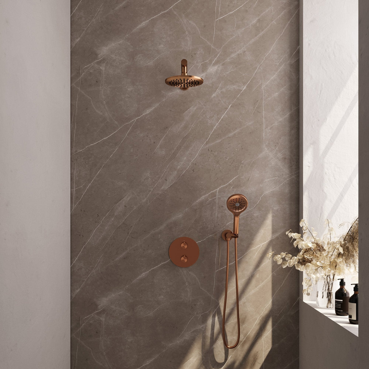 Brauer Edition inbouw regendoucheset 3-weg rond - 20cm hoofddouche - rechte wandarm - 3 standen handdouche - wandhouder - Geborsteld Koper PVD