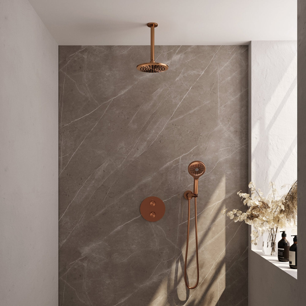 Brauer Edition inbouw regendoucheset 3-weg rond - 20cm hoofddouche - plafondarm - 3 standen handdouche - wandhouder - Geborsteld Koper PVD