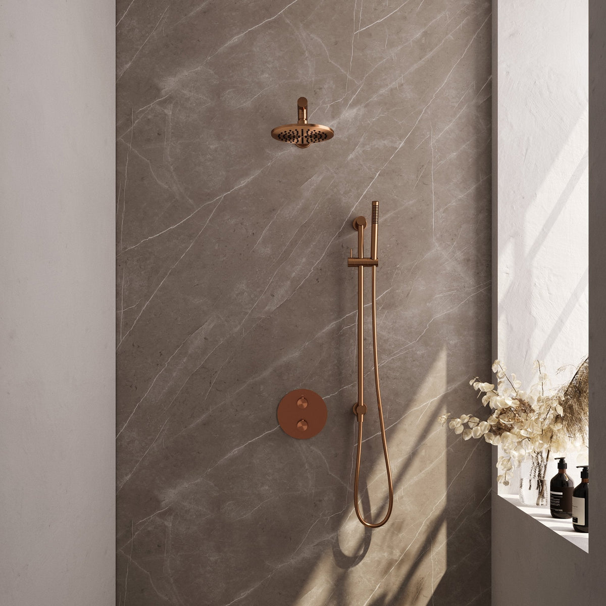 Brauer Edition inbouw regendoucheset 3-weg rond - 20cm hoofddouche - rechte wandarm - staafhanddouche - glijstang - Geborsteld Koper PVD