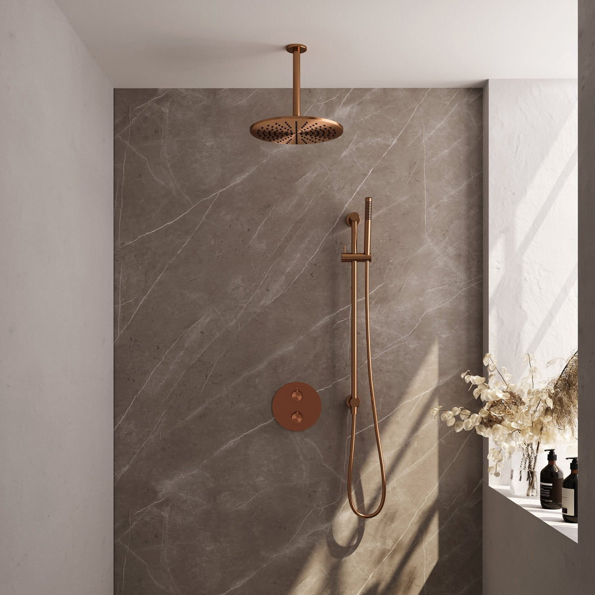 Brauer Edition inbouw regendoucheset 3-weg rond - 30cm hoofddouche - plafondarm - staafhanddouche - glijstang - Geborsteld Koper PVD