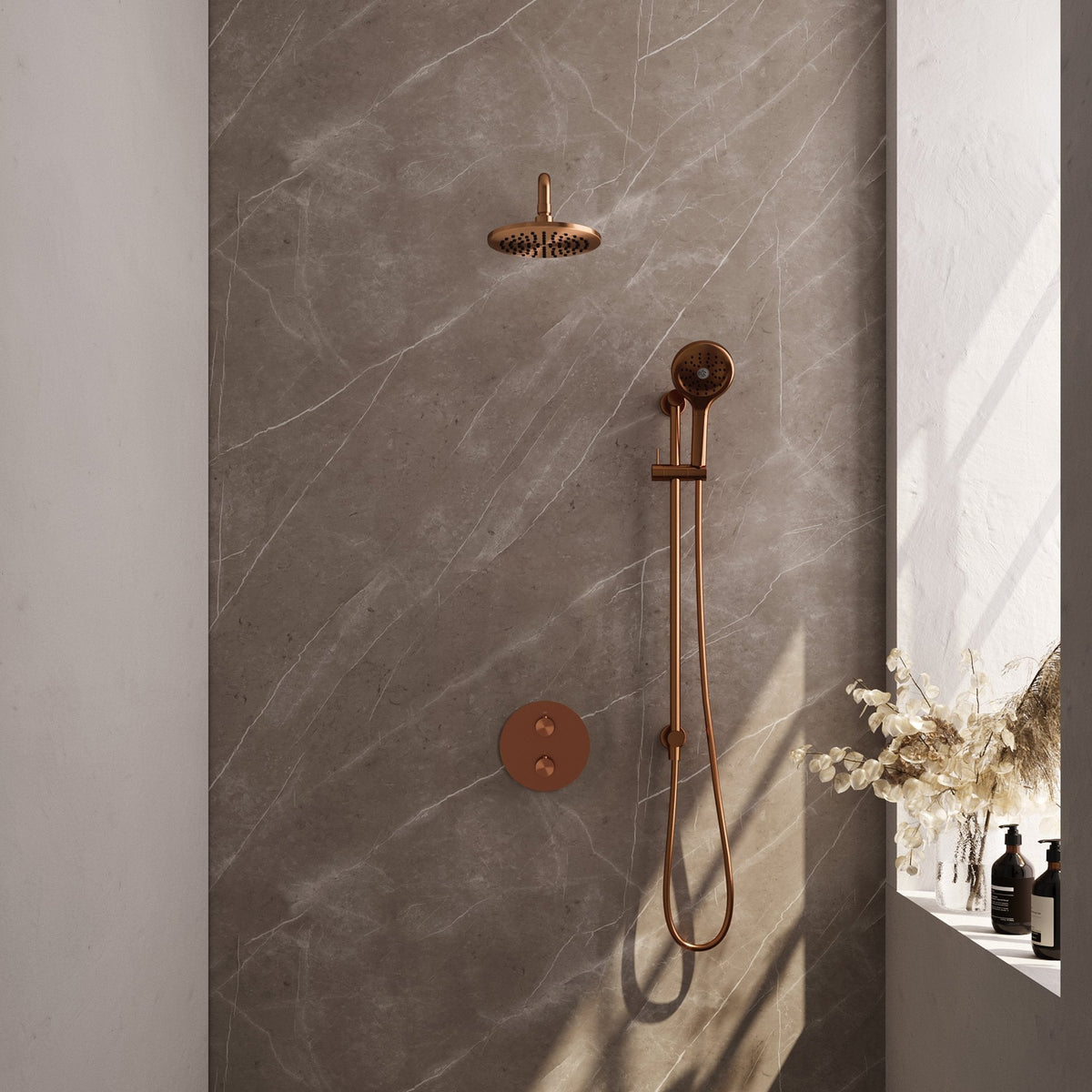 Brauer Edition inbouw regendoucheset 3-weg rond - 20cm hoofddouche - gebogen wandarm - 3 standen handdouche - glijstang - Geborsteld Koper PVD