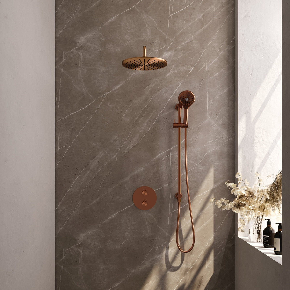 Brauer Edition inbouw regendoucheset 3-weg rond - 30cm hoofddouche - gebogen wandarm - 3 standen handdouche - glijstang - Geborsteld Koper PVD