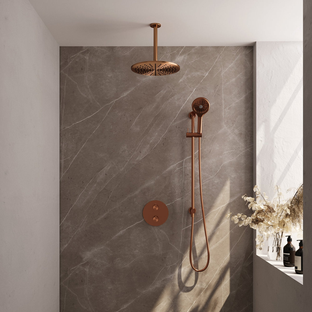Brauer Edition inbouw regendoucheset 3-weg rond - 30cm hoofddouche - plafondarm - 3 standen handdouche - glijstang - Geborsteld Koper PVD