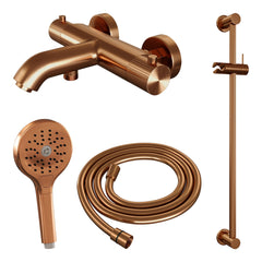 Brauer Stripe opbouw bad thermostaatkraan glijstangset - met 3-standen handdouche - Geborsteld Koper PVD