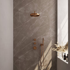 Brauer Stripe inbouw regendoucheset met 2 stopkranen - gebogen wandarm - staafhanddouche - wandhouder - Geborsteld Koper PVD