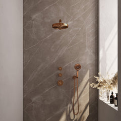 Brauer Stripe inbouw regendoucheset met 2 stopkranen - rechte wandarm - 3-standen handdouche - wandhouder - Geborsteld Koper PVD