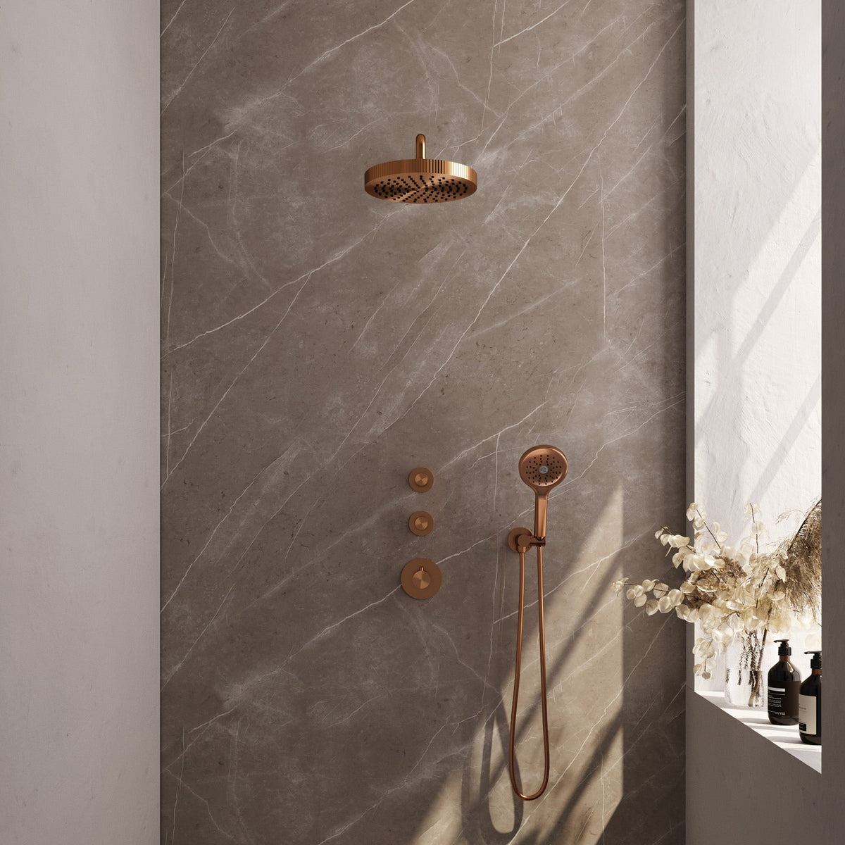 Brauer Stripe inbouw regendoucheset met 2 stopkranen - gebogen wandarm - 3-standen handdouche - wandhouder - Geborsteld Koper PVD