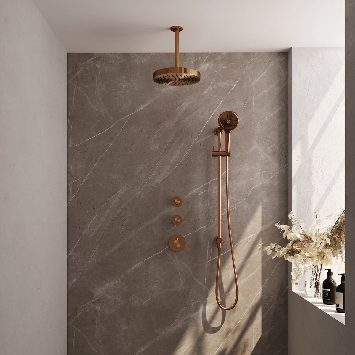 Brauer Stripe inbouw regendoucheset met 2 stopkranen  - 20cm plafondbuis - 3-standen handdouche - glijstang - Geborsteld Koper PVD