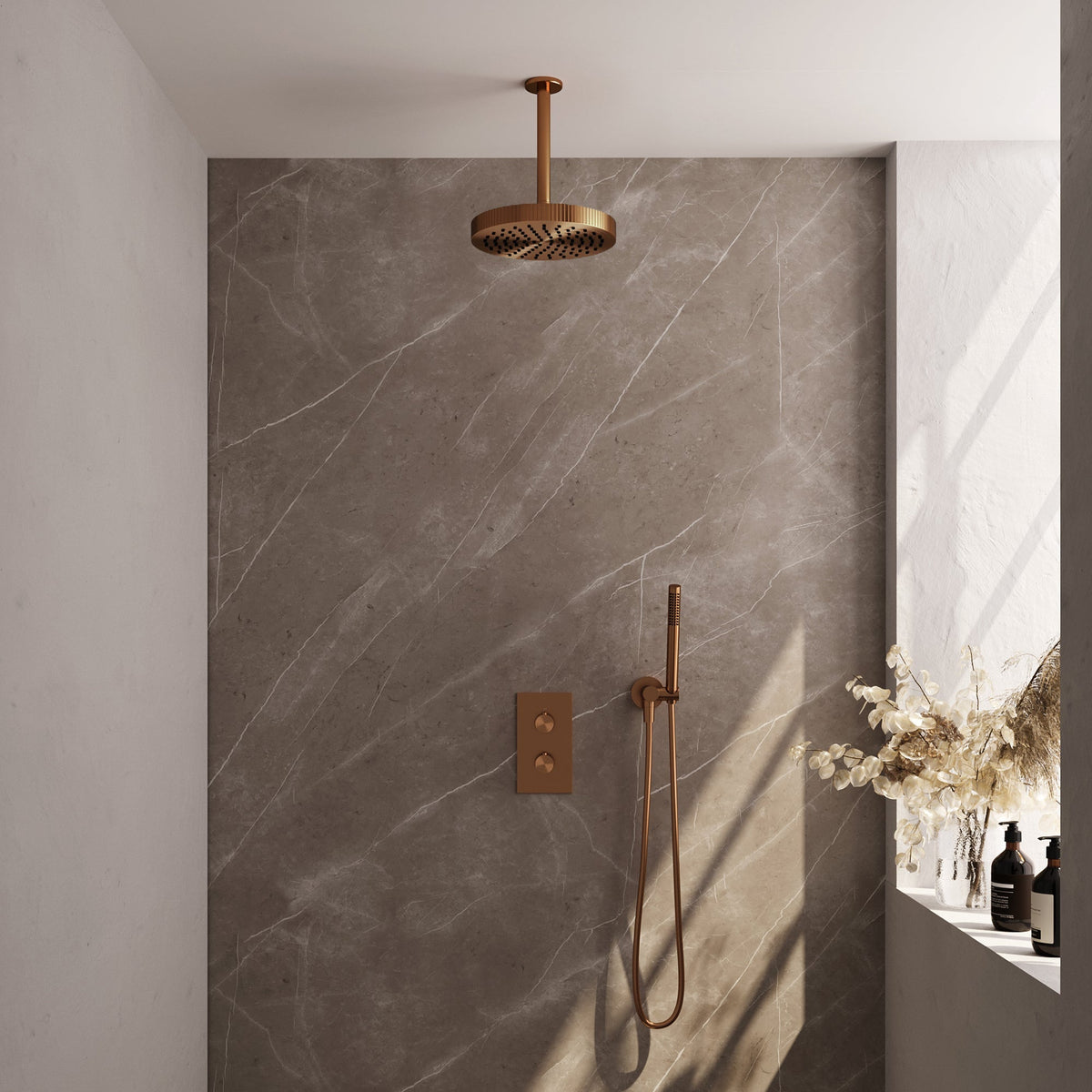 Brauer Stripe thermostatische inbouw regendouche rechthoekig  - 20cm plafondbuis - staafhanddouche - wandhouder - Geborsteld Koper PVD