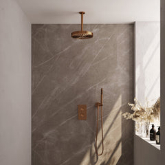 Brauer Stripe thermostatische inbouw regendouche rechthoekig  - 20cm plafondbuis - staafhanddouche - wandhouder - Geborsteld Koper PVD