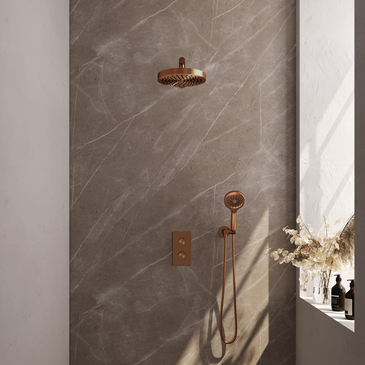 Brauer Stripe thermostatische inbouw regendouche rechthoekig - rechte wandarm - 3-standen handdouche - wandhouder - Geborsteld Koper PVD