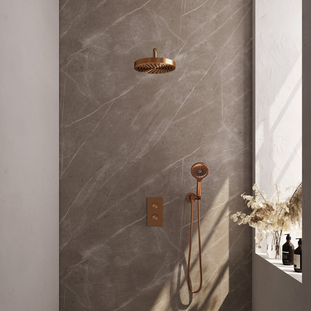 Brauer Stripe thermostatische inbouw regendouche rechthoekig - gebogen wandarm - 3-standen handdouche - wandhouder - Geborsteld Koper PVD