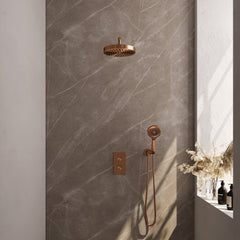 Brauer Stripe thermostatische inbouw regendouche rechthoekig - gebogen wandarm - 3-standen handdouche - wandhouder - Geborsteld Koper PVD