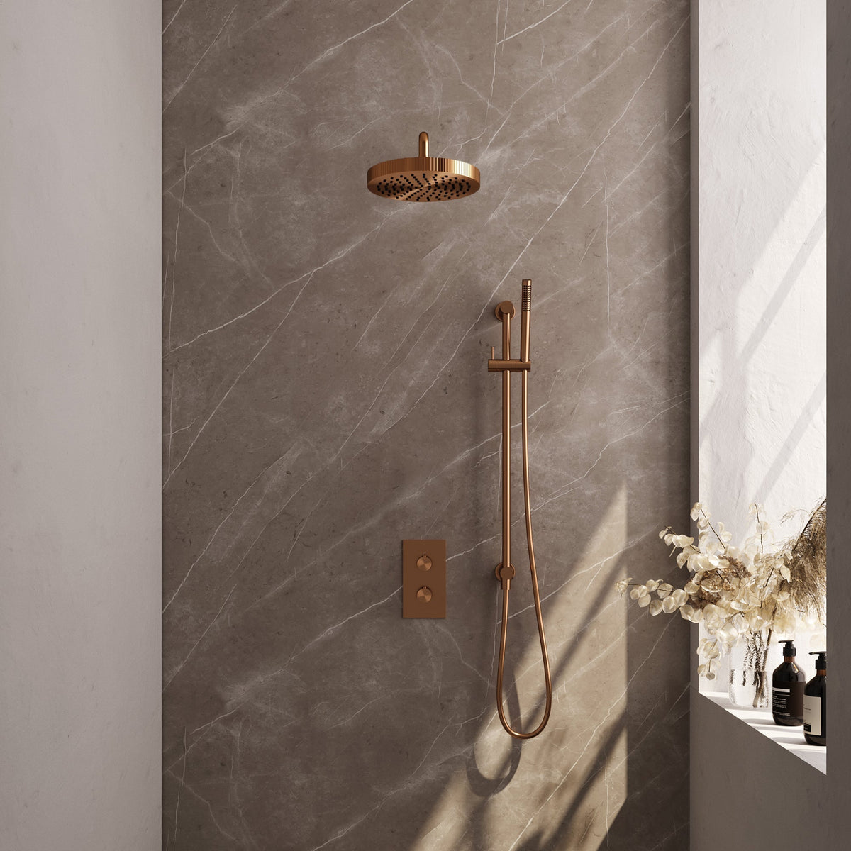 Brauer Stripe thermostatische inbouw regendouche rechthoekig - gebogen wandarm - staafhanddouche - glijstang - Geborsteld Koper PVD
