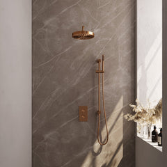 Brauer Stripe thermostatische inbouw regendouche rechthoekig - gebogen wandarm - staafhanddouche - glijstang - Geborsteld Koper PVD