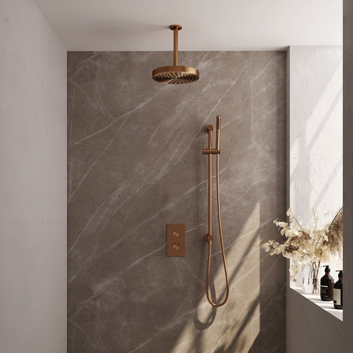 Brauer Stripe thermostatische inbouw regendouche rechthoekig  - 20cm plafondbuis - staafhanddouche - glijstang - Geborsteld Koper PVD