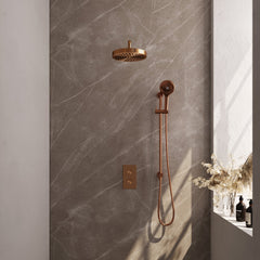 Brauer Stripe thermostatische inbouw regendouche rechthoekig - gebogen wandarm - 3-standen handdouche - glijstang - Geborsteld Koper PVD
