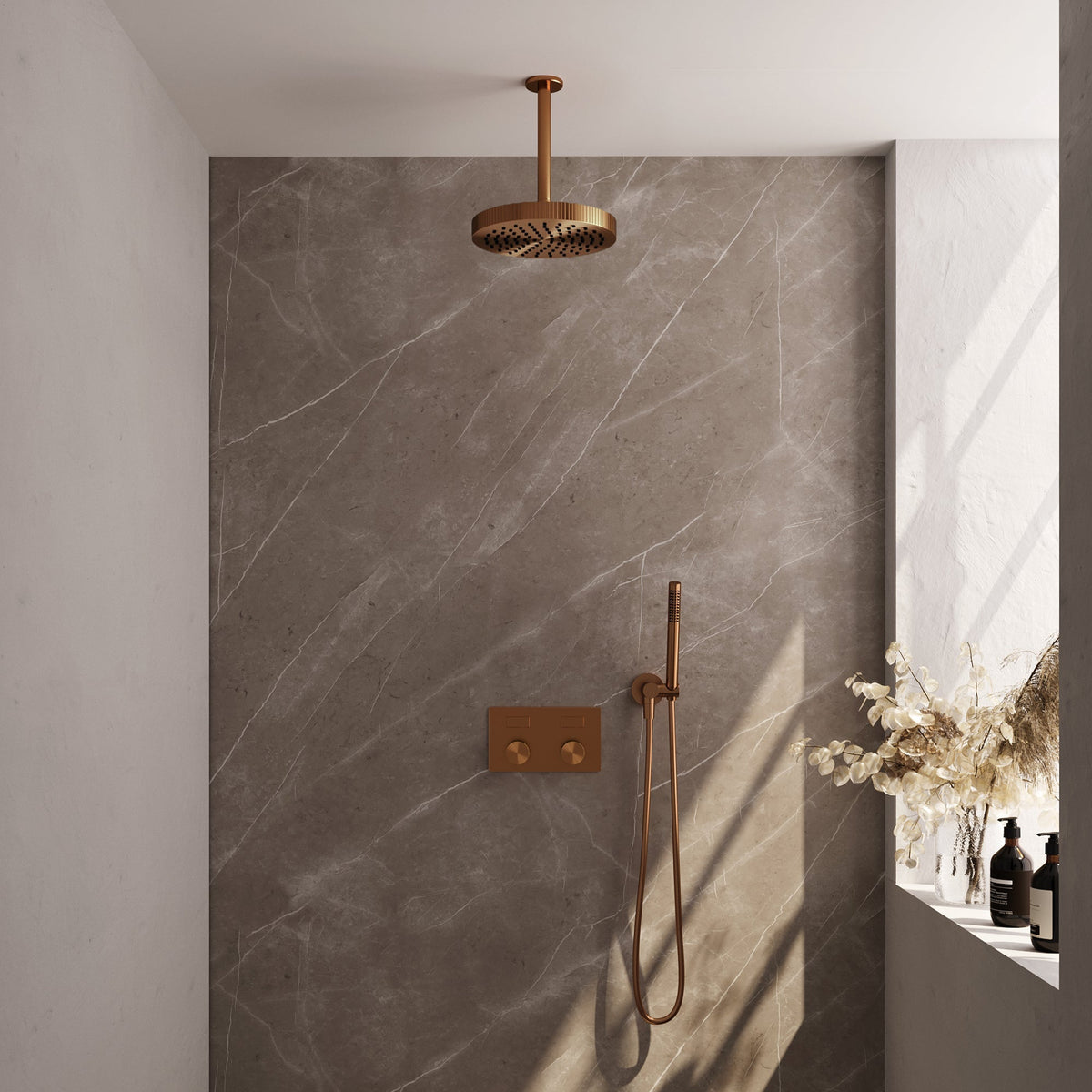Brauer Stripe inbouw regendoucheset met drukknoppen  - 20cm plafondbuis - staafhanddouche - wandhouder - Geborsteld Koper PVD