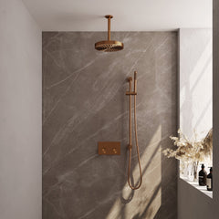 Brauer Stripe inbouw regendoucheset met drukknoppen  - 20cm plafondbuis - staafhanddouche - glijstang - Geborsteld Koper PVD