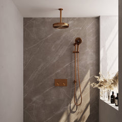 Brauer Stripe inbouw regendoucheset met drukknoppen  - 20cm plafondbuis - 3-standen handdouche - glijstang - Geborsteld Koper PVD